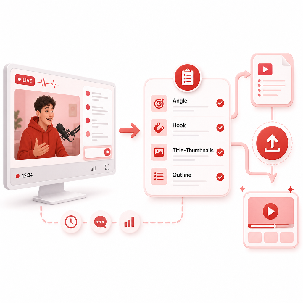 Modern illustration showing a live stream turning into a structured video plan with angle, hook, title/thumbnail, and an actionable outline.