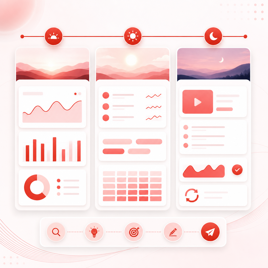 Abstract workflow dashboard illustration showing a daily posting cycle.