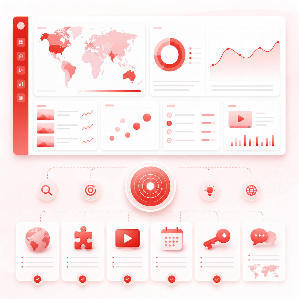 Abstract analytics dashboard illustration showing real-time trend scanning and content gap detection.