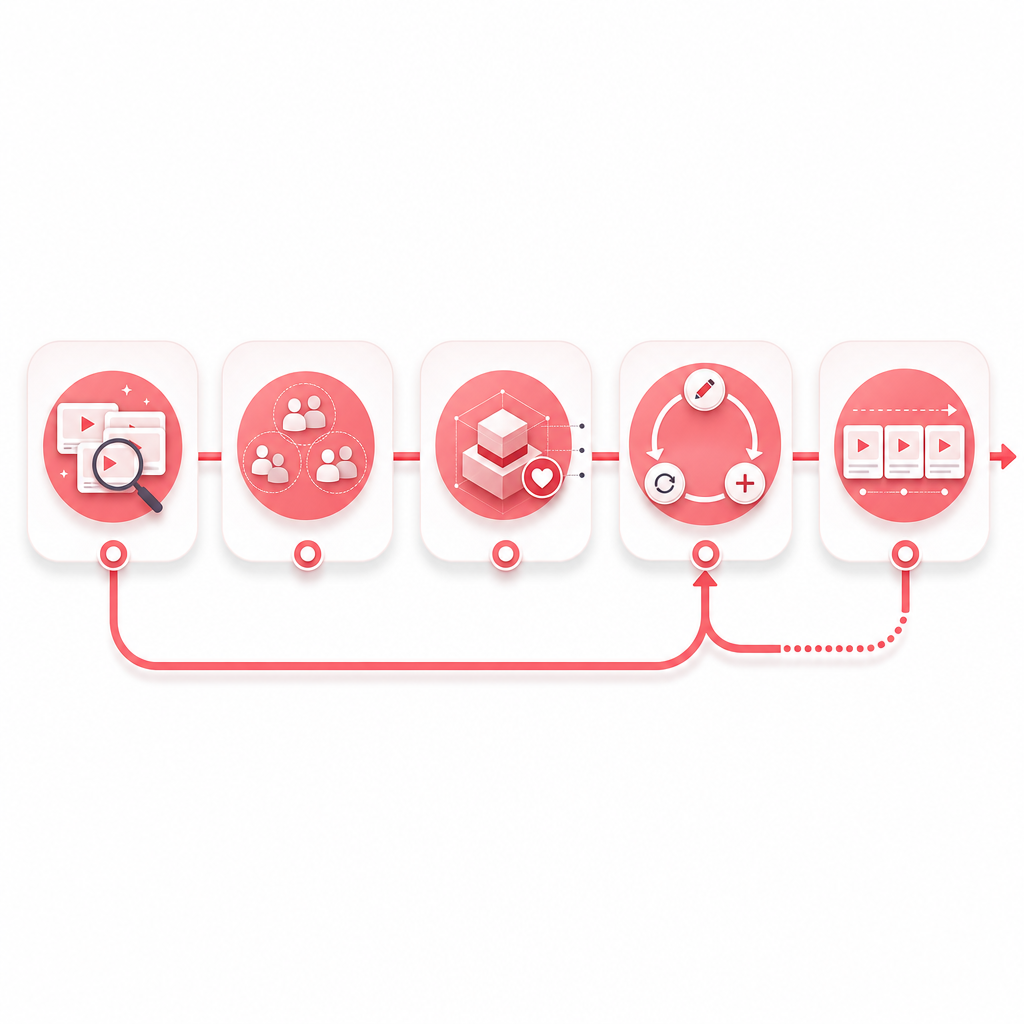 Illustration of a step-by-step workflow to update, repeat, or expand YouTube winning videos.