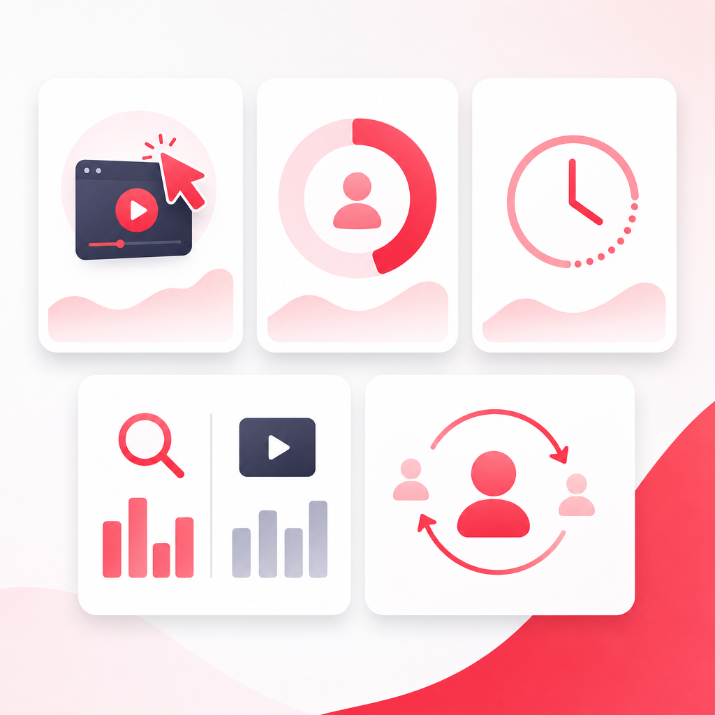 Illustration showing key YouTube metrics tiles for CTR, retention, watch time, traffic sources, and returning viewers.