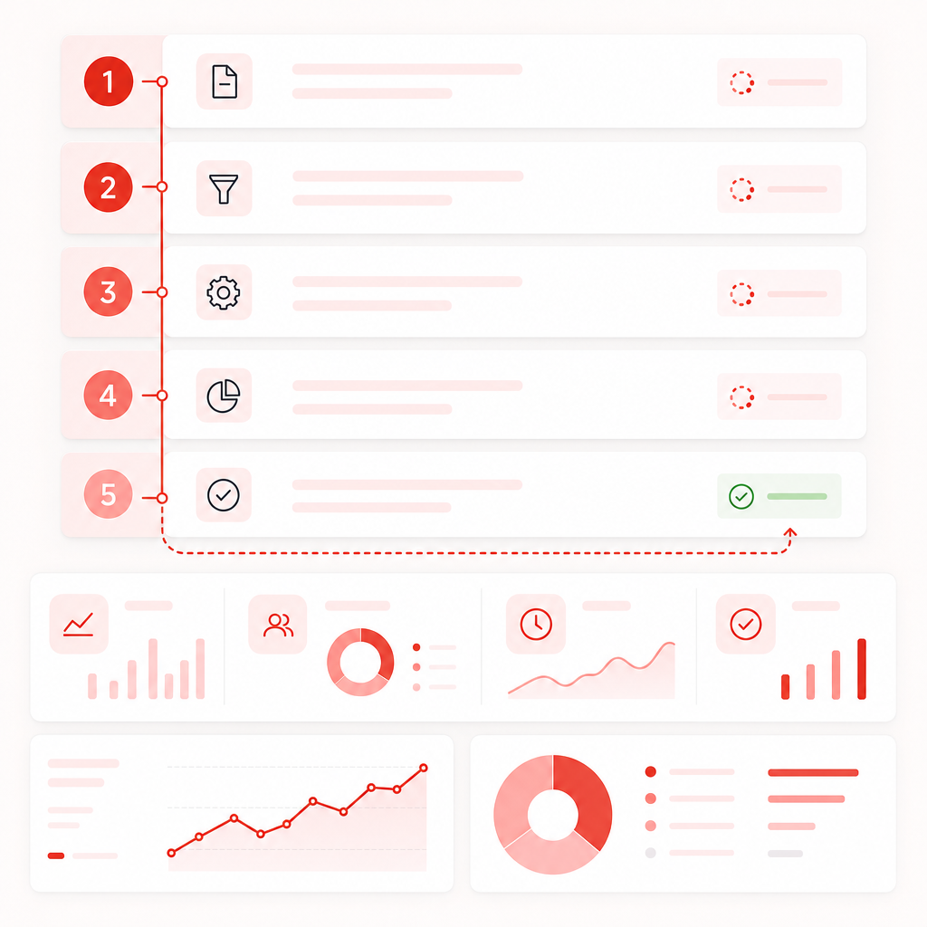 Abstract dashboard illustration showing a step-by-step workflow for building a searchable YouTube show.