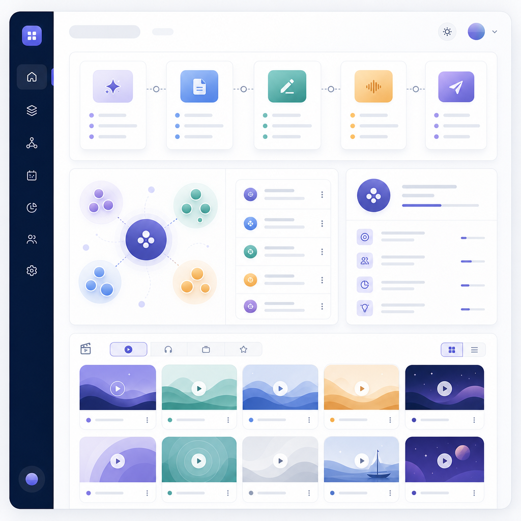 Abstract dashboard illustration representing the searchable show framework and episode library concept.