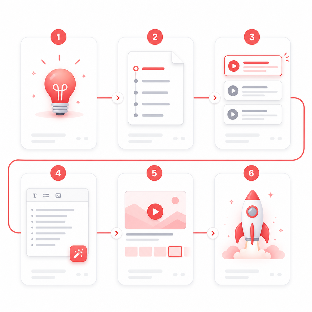 Illustration showing a structured workflow from content gaps to a ready-to-produce YouTube video plan.