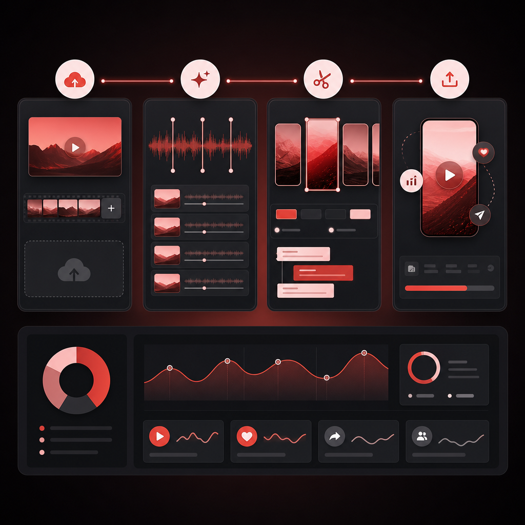 Workflow dashboard showing long-form video moving through extraction and short clip generation steps.