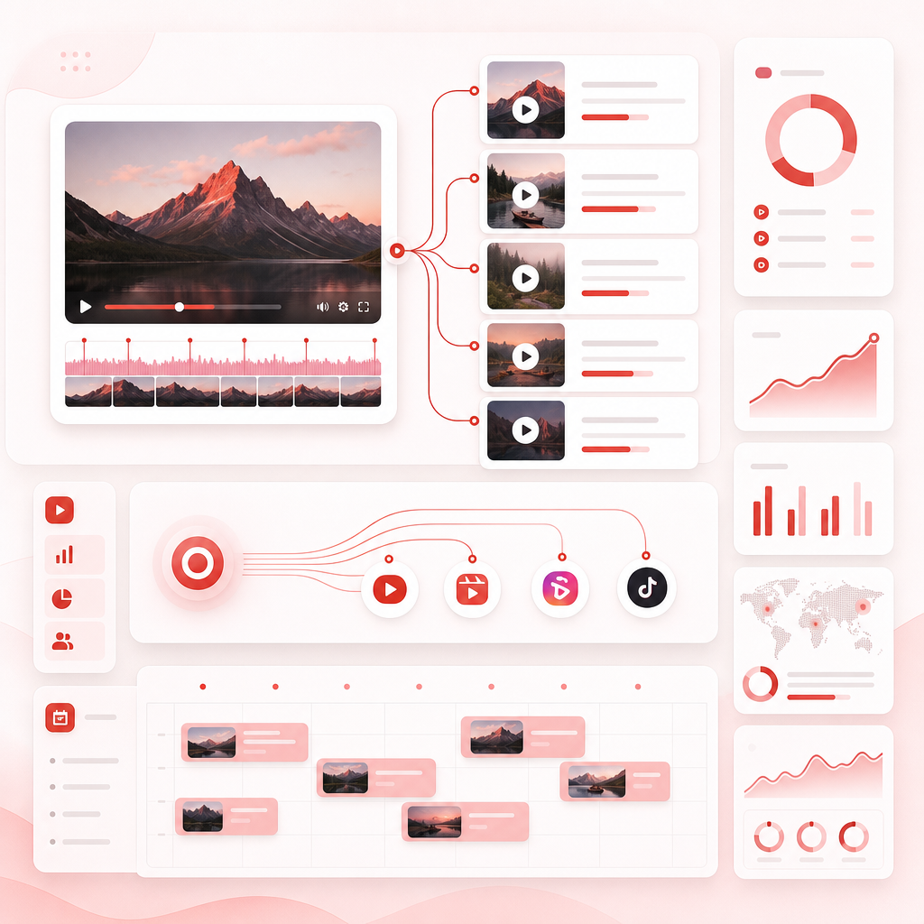 Dashboard illustration of one long video being repurposed into multiple short-form clips.