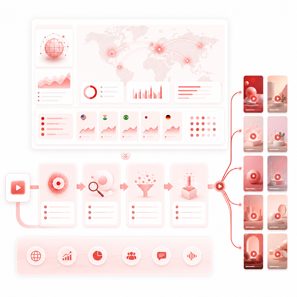 SaaS dashboard illustration connecting video topic research with short clip repurposing workflow.