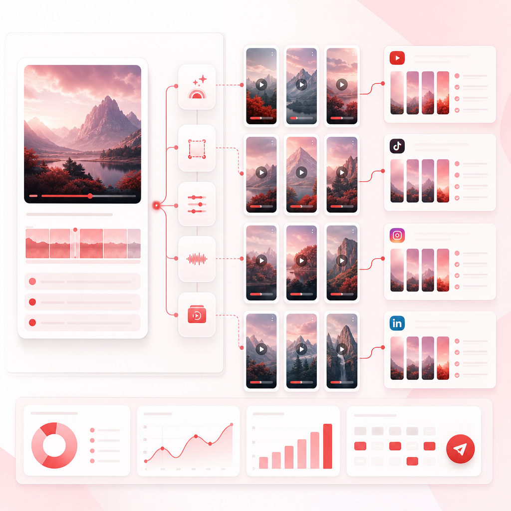 SaaS workflow illustration showing one long video turning into many short clip cards
