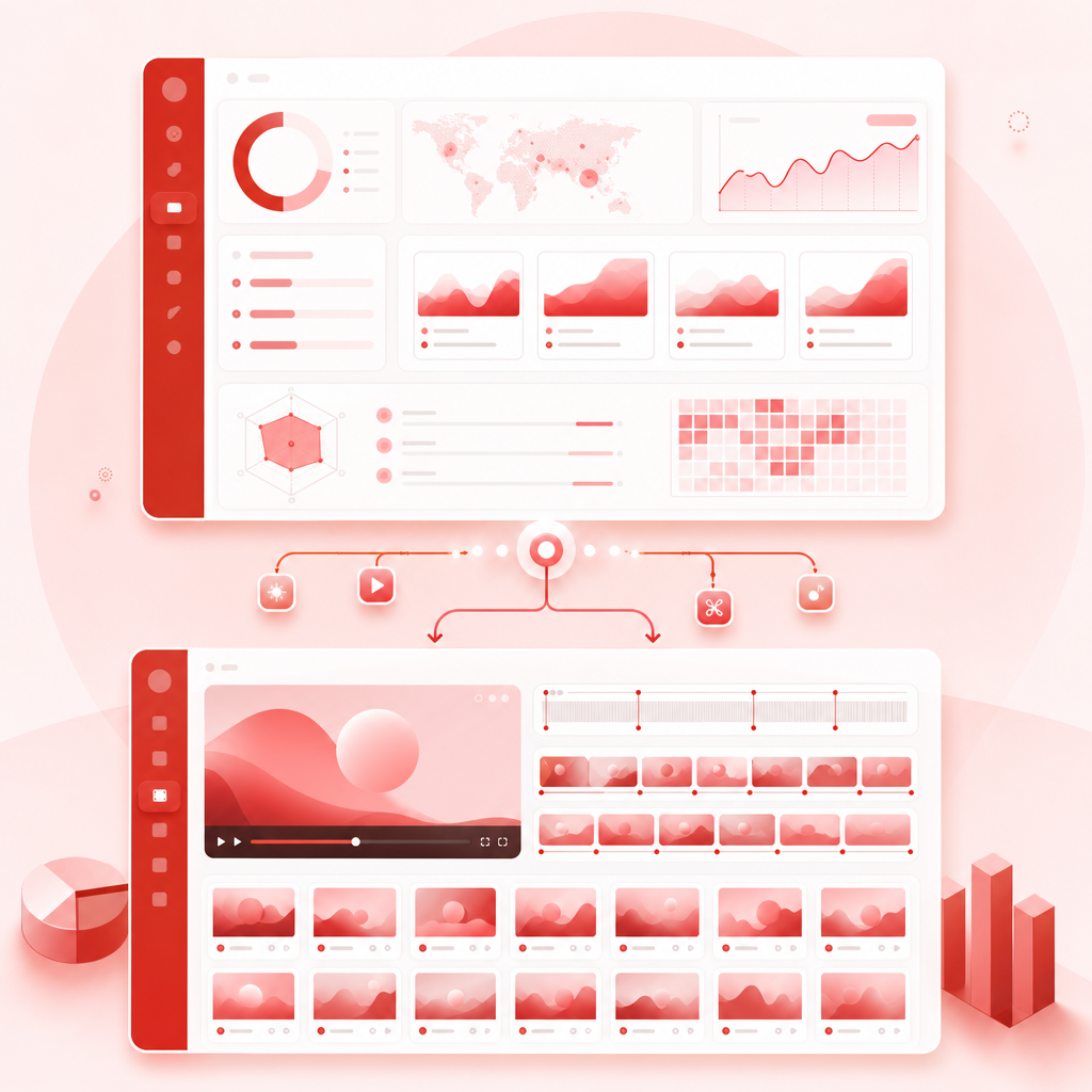 Connected SaaS dashboard illustration linking topic research with automated clip extraction