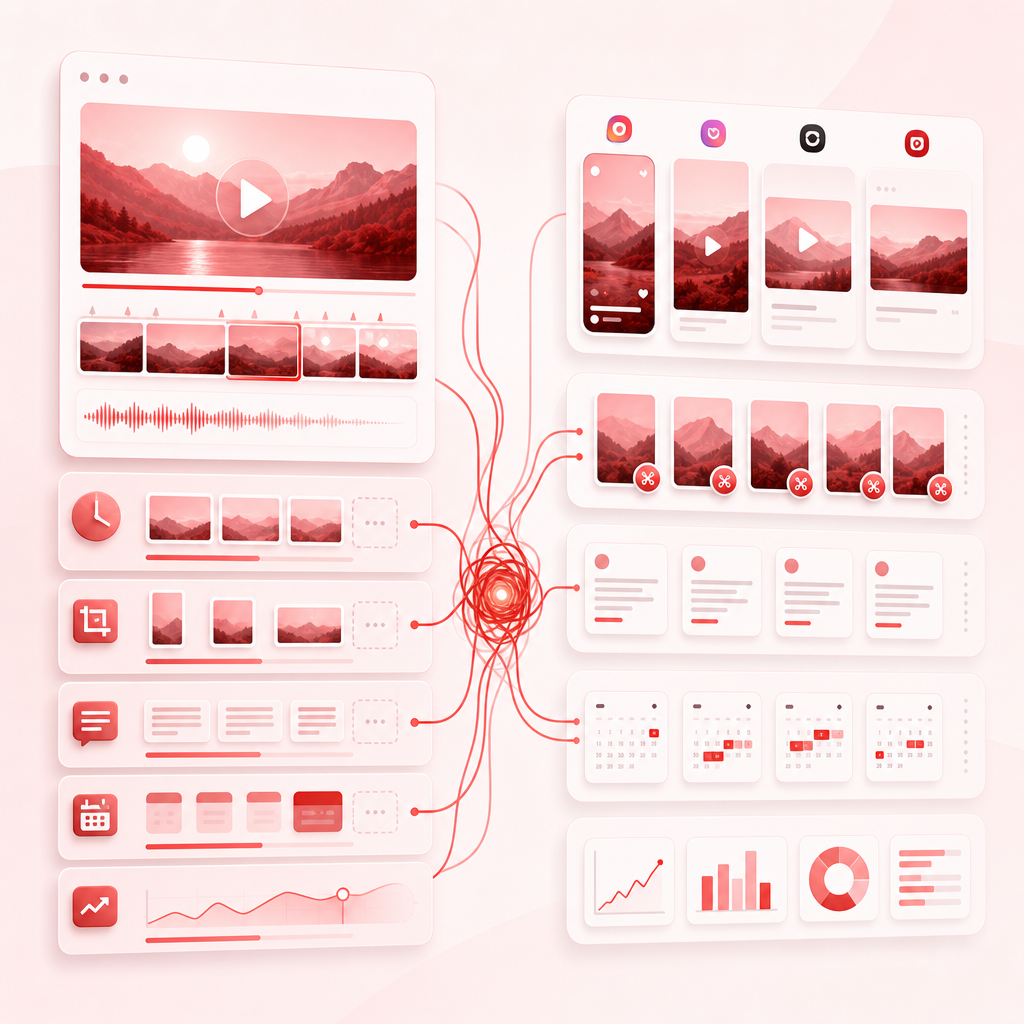 Dashboard-style illustration of creator repurposing bottlenecks organized into workflow cards