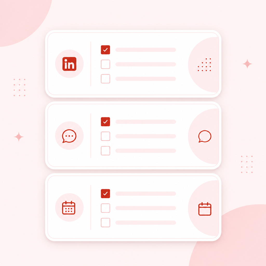 Illustration of a clip-to-posting checklist with checkboxes, captions, and scheduling cues in a clean modern style.