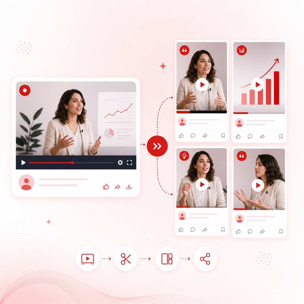 Illustration of long-form webinar content splitting into multiple short LinkedIn-ready clips with premium red and pink accents.