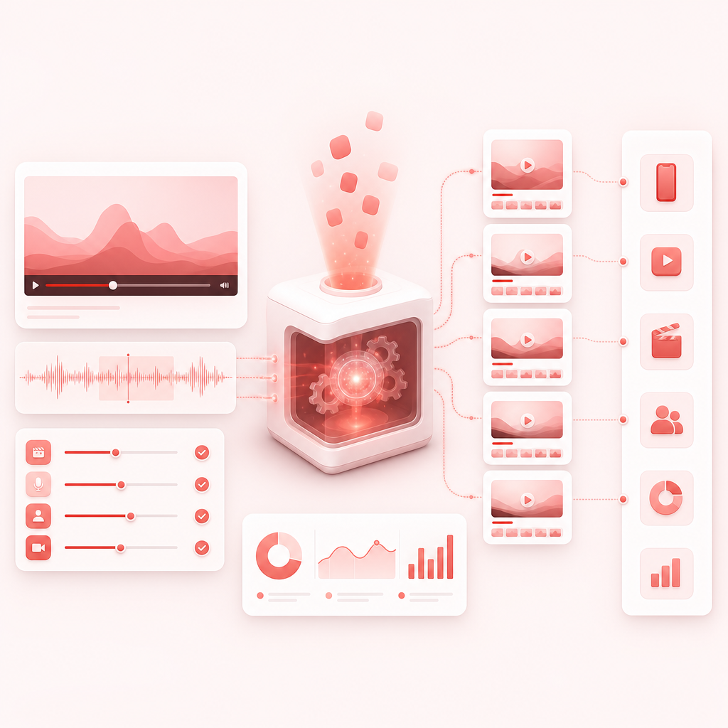Abstract automation workflow illustration representing converting long-form media into short shareable clips.