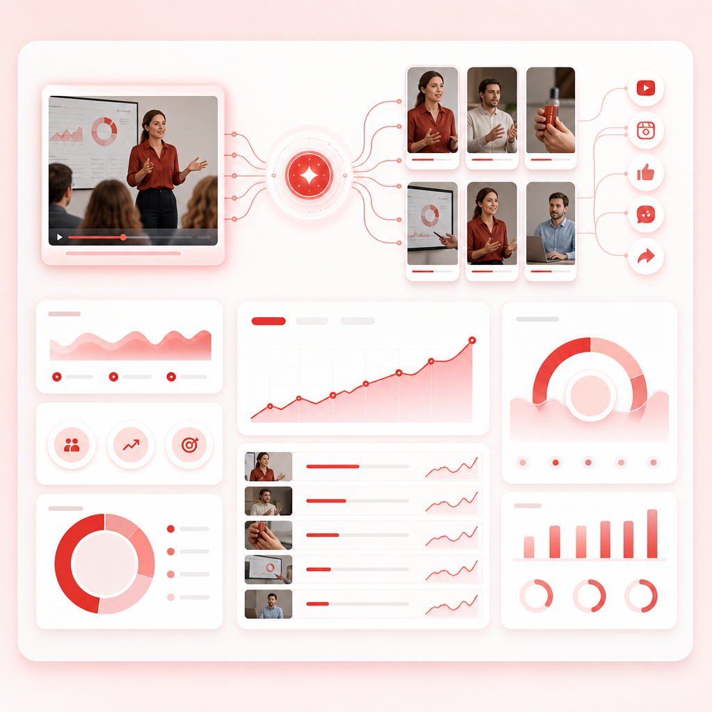 Abstract dashboard-style illustration of turning webinar content into multiple short clips with workflow panels.
