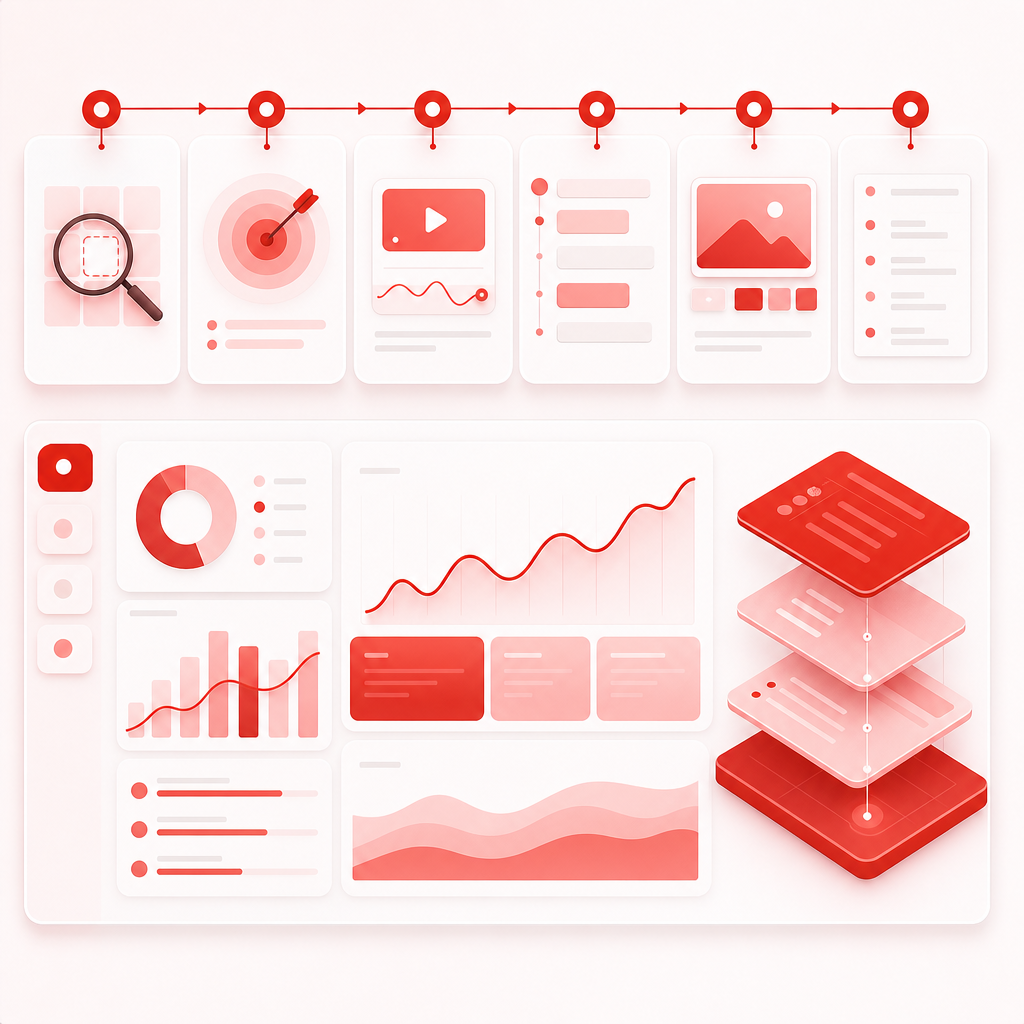 Workflow dashboard illustration showing a content gap becoming a ready video plan.