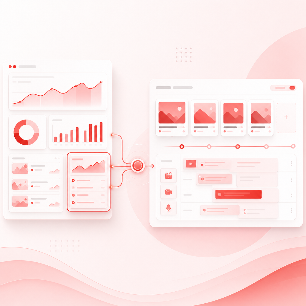 Connected dashboard illustration showing trend research flowing into a production plan.