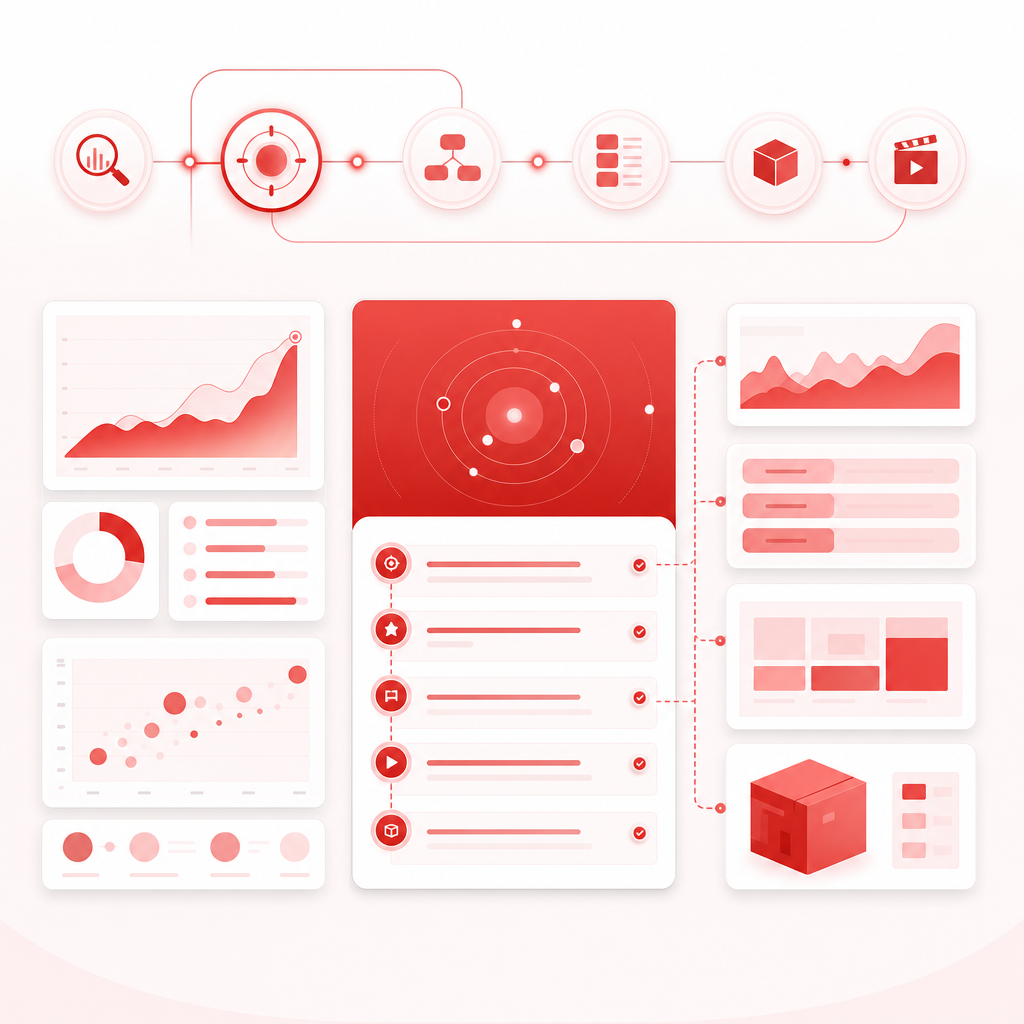 Dashboard illustration of research, strategy, and production workflow cards connected together.