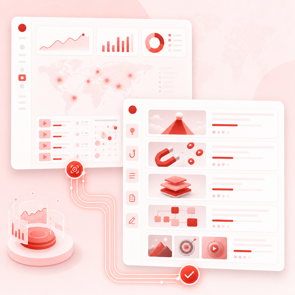 Split dashboard illustration showing discovery insights flowing into video planning cards.