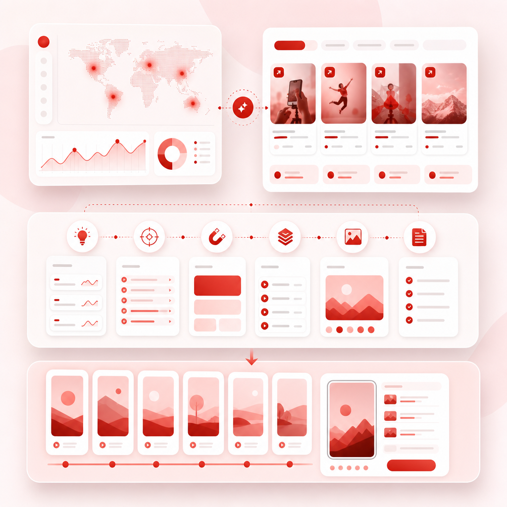 Workflow dashboard illustration connecting trend discovery, content gaps, and production-ready Shorts plans.