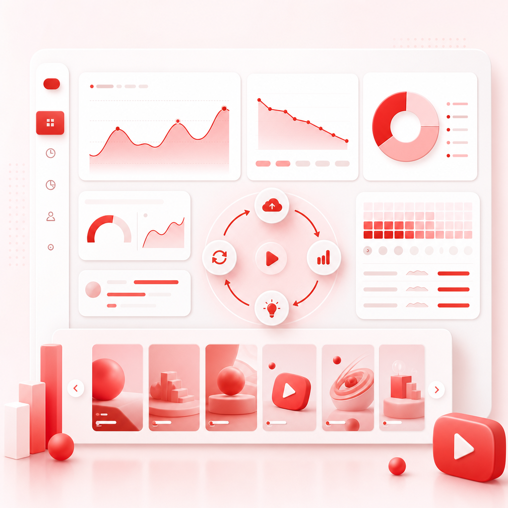 Analytics dashboard illustration showing a publish, review, and iterate loop for Shorts planning.