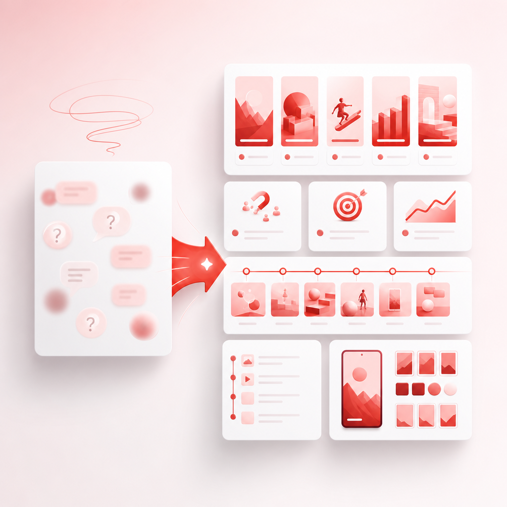 Dashboard illustration showing content ideas being organized into actionable Shorts video plans.