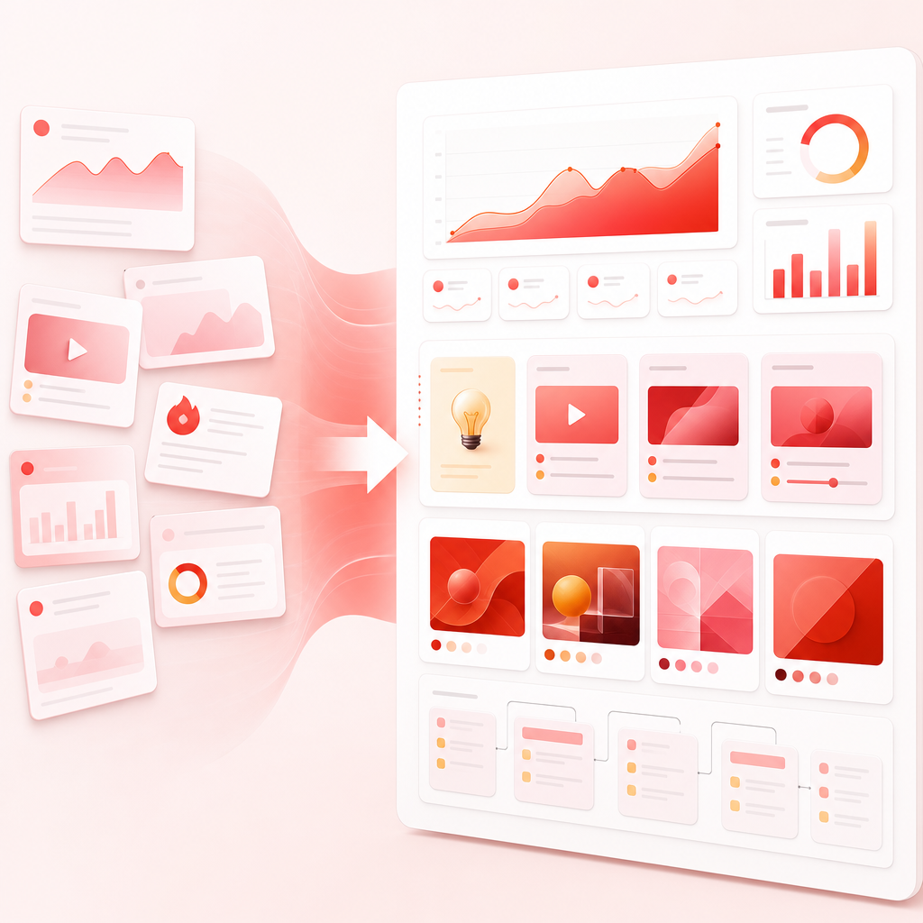 Dashboard illustration showing trending ideas organized into a structured video plan.