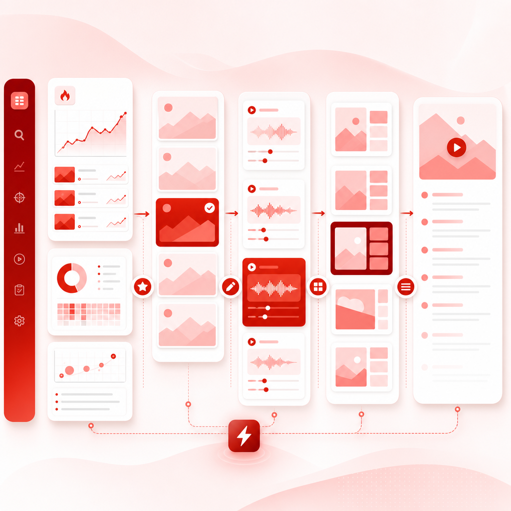 Workflow dashboard illustration showing research turning into a ready video plan.