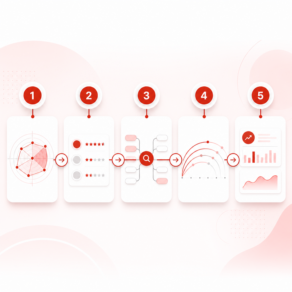Illustration representing a five-step workflow for finding YouTube content gaps and planning a video series.