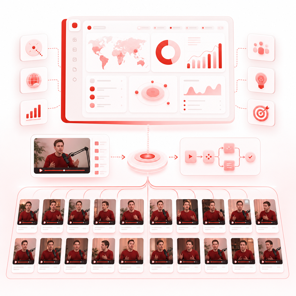 Illustration of a SaaS workflow connecting content research with short clip repurposing.