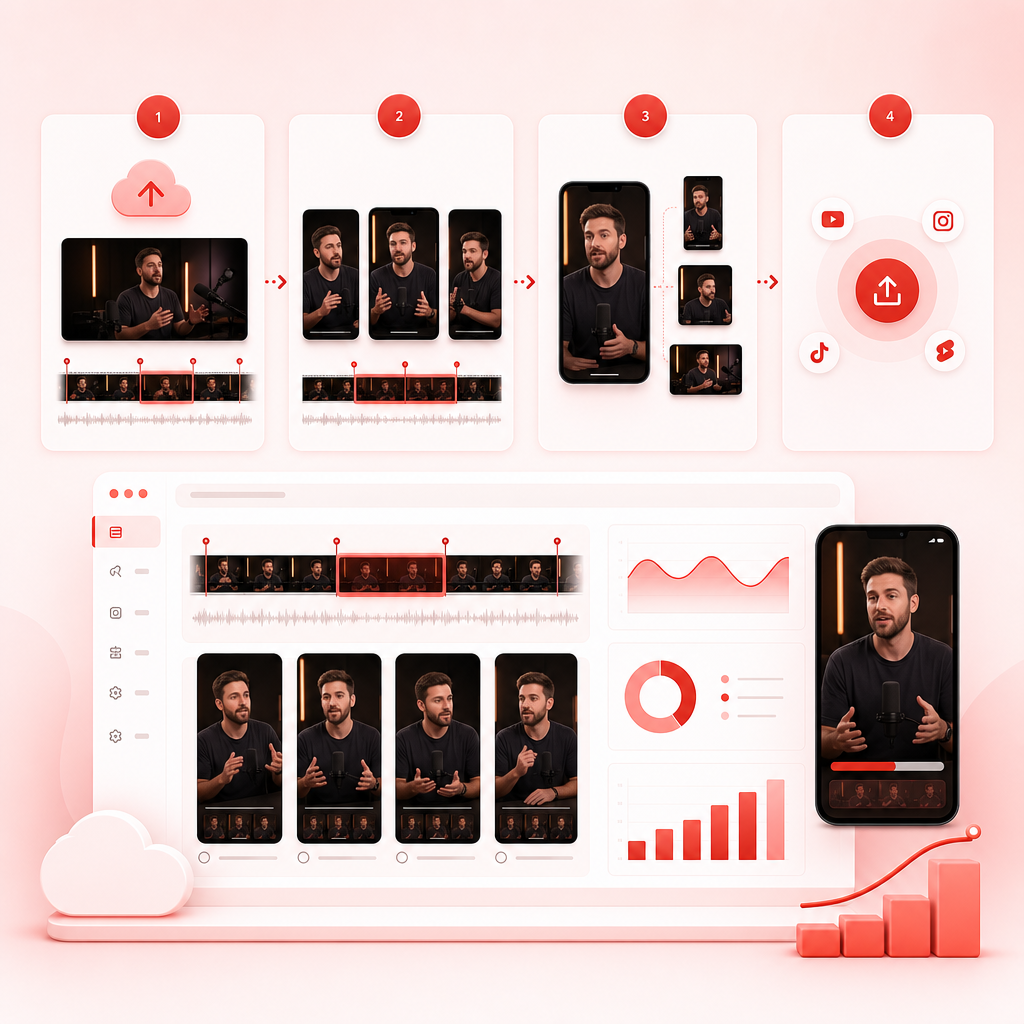 Illustration of an AI clip generation workflow from upload to export and posting.