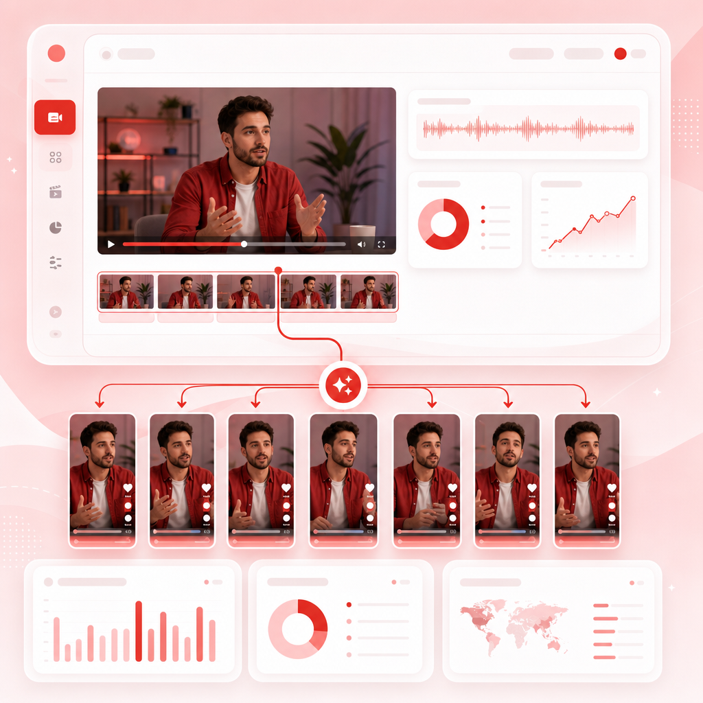 Illustration of a SaaS dashboard turning one long video into multiple short clips.