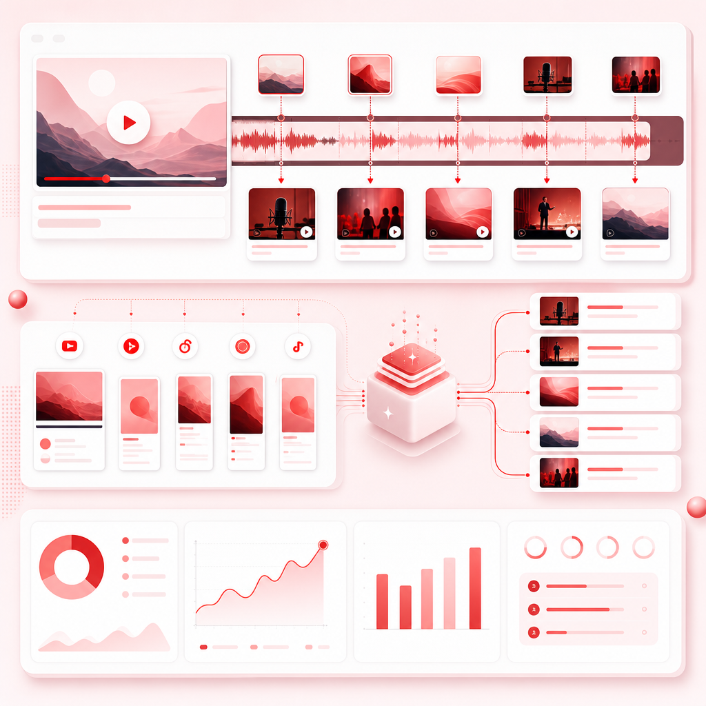 SaaS dashboard illustration of a long video being repurposed into multiple short clip cards.