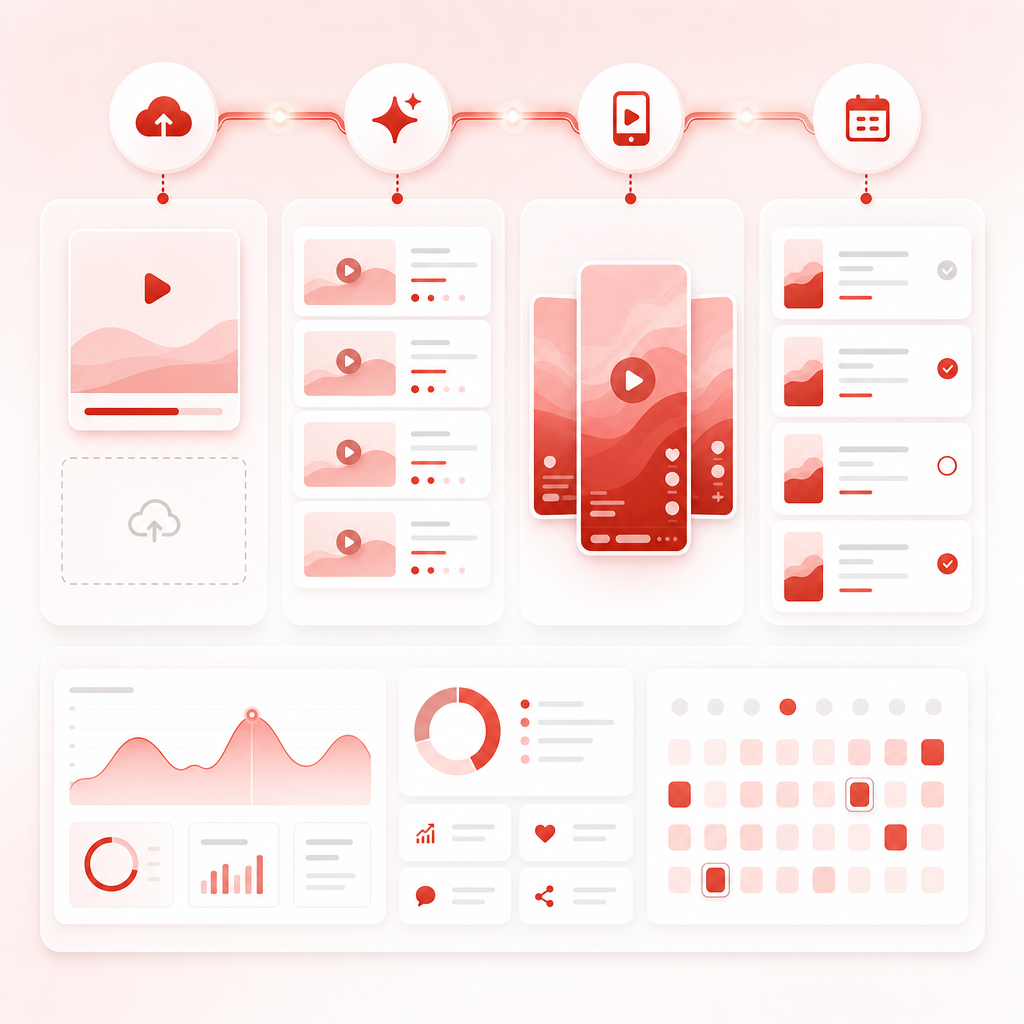 Workflow dashboard illustration showing video upload, AI clipping, short clip creation, and publishing queue.