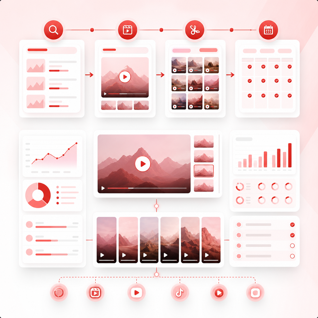 Connected dashboard workflow illustration from topic discovery to long video creation and short clip distribution.