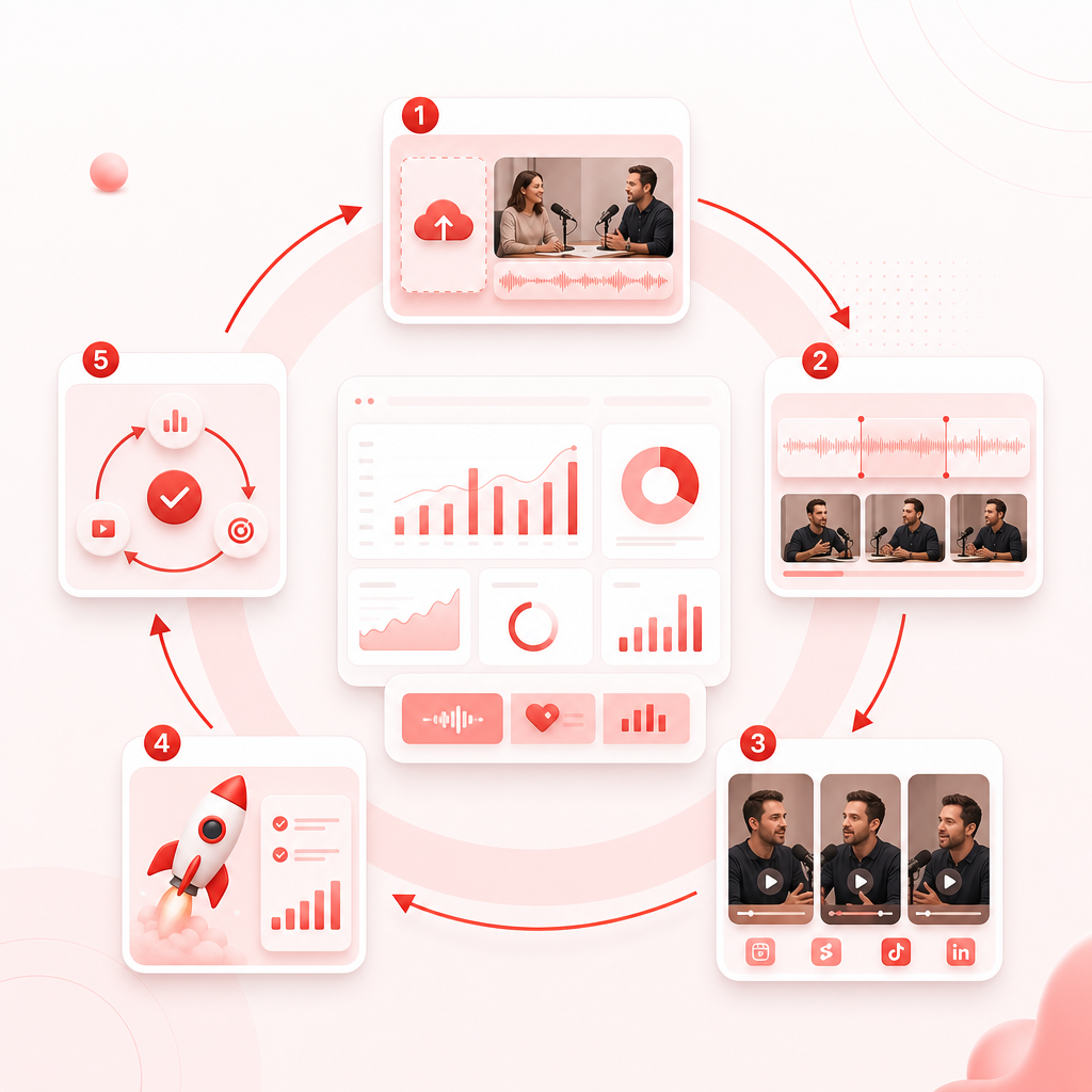 Abstract automation flow dashboard showing a fast pipeline from long episode to short clips.