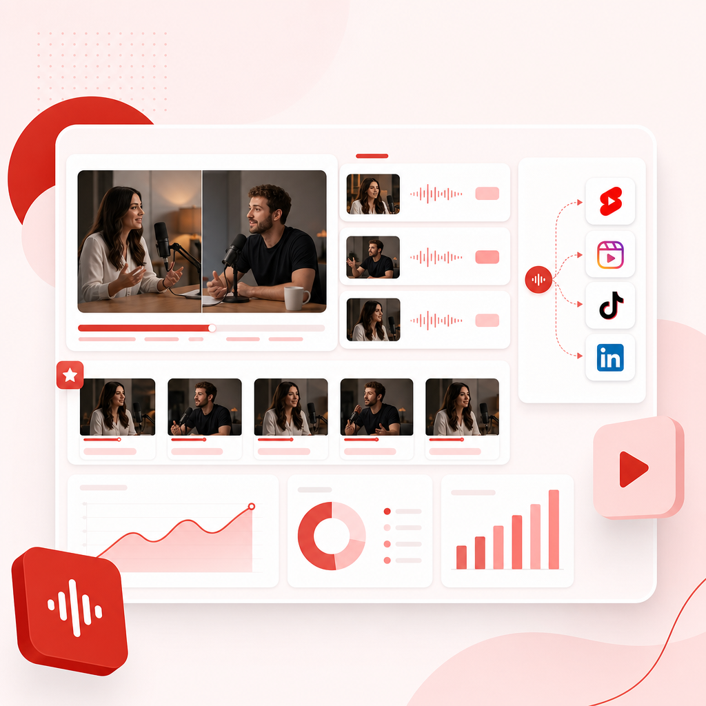 Abstract interface showing long-form content being converted into shareable clip moments for multiple platforms.