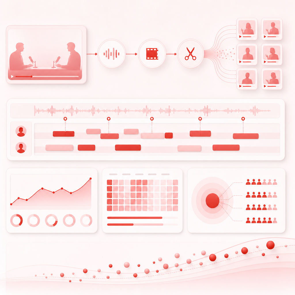 Abstract dashboard illustration showing an interview repurposing workflow and clip extraction flow.