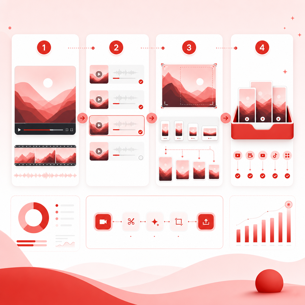 Premium workflow illustration showing the multi-step repurposing flow from long video to ready-to-post clips.
