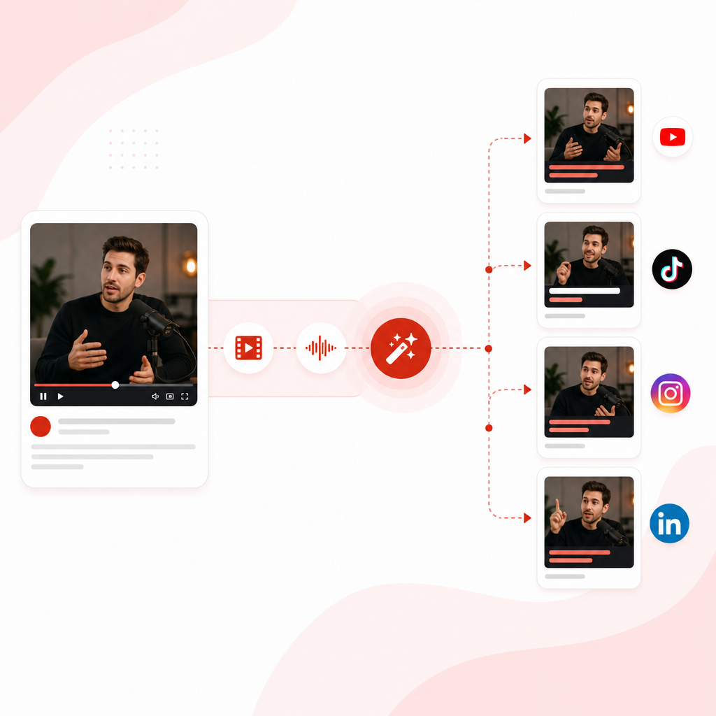 Illustration of a step-by-step workflow that turns one long video into multiple ready-to-post short clips.