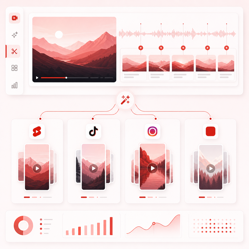 Dashboard-style illustration representing Vizard Clips extracting key moments and generating platform-ready clips.