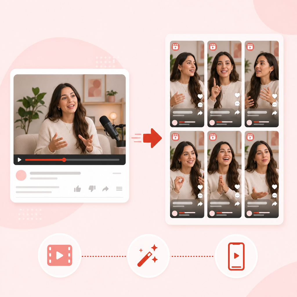 Illustration showing long-form content being converted into multiple caption-ready short clips.
