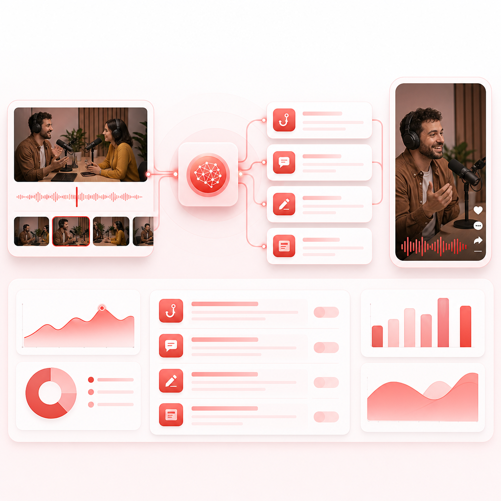 Dashboard-style illustration representing AI script writing for hooks, captions, and on-screen copy.