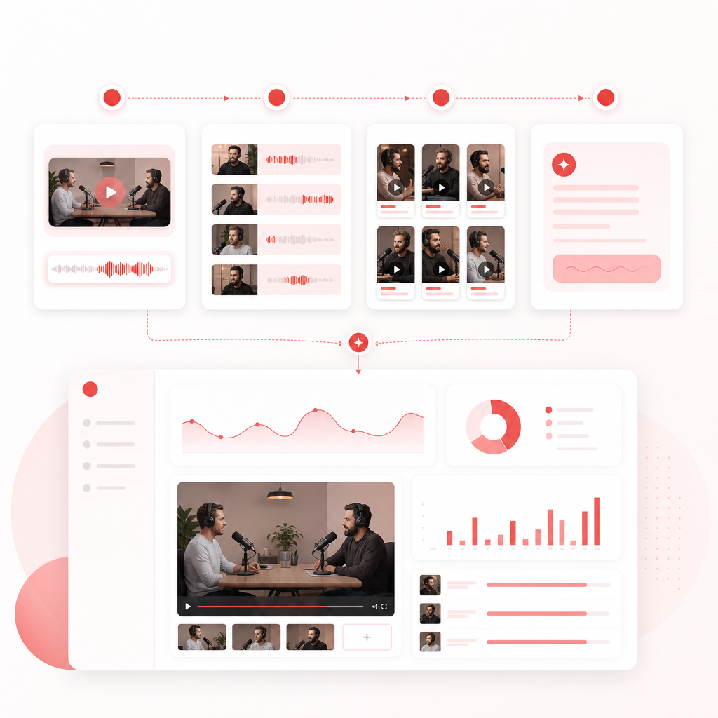 Dashboard-style workflow illustration for repurposing long-form video into short clips with automated steps.