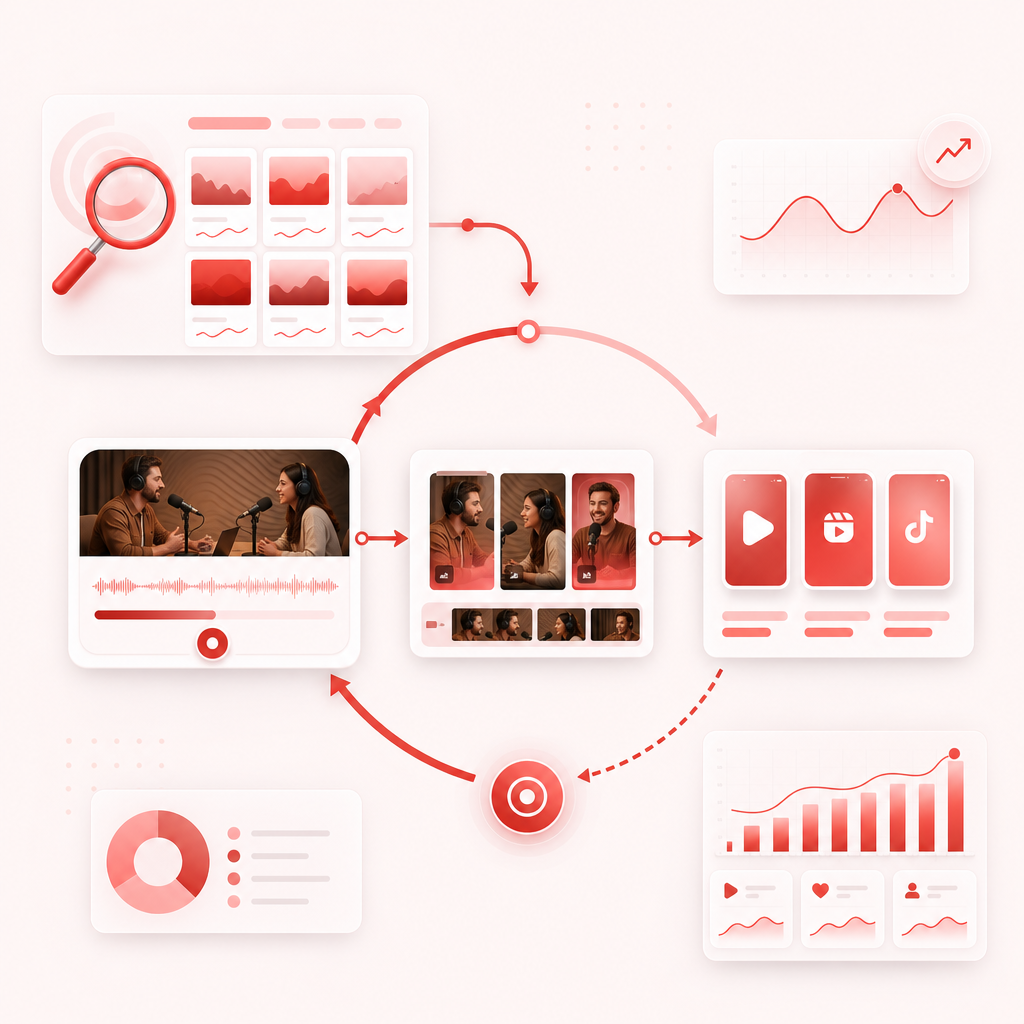 Abstract growth loop dashboard illustration connecting topic discovery to clip creation and ongoing discovery.