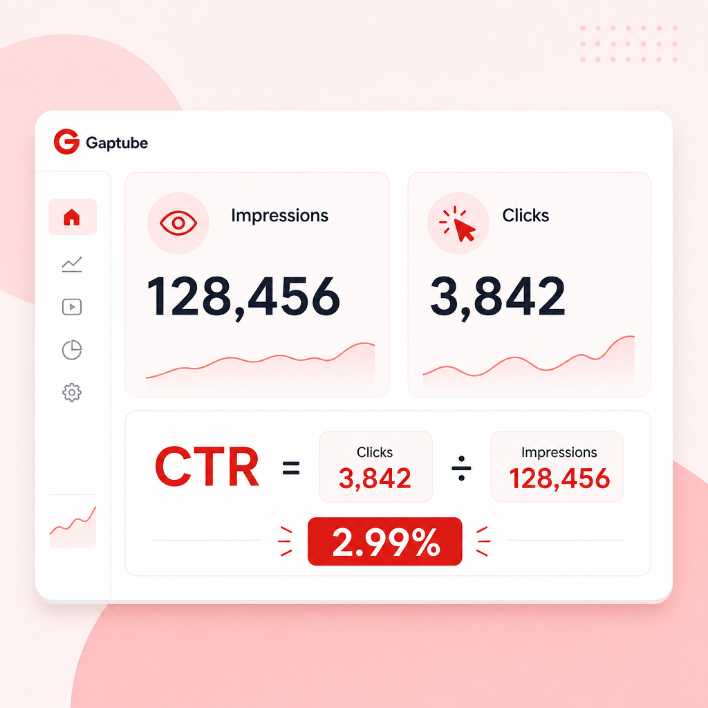 A modern dashboard illustration explaining CTR as clicks divided by impressions.