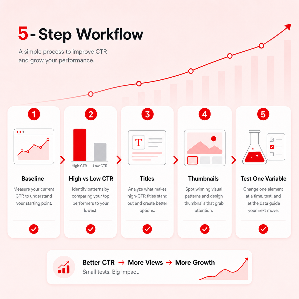 A modern 5-step workflow illustration for optimizing YouTube CTR using video data.