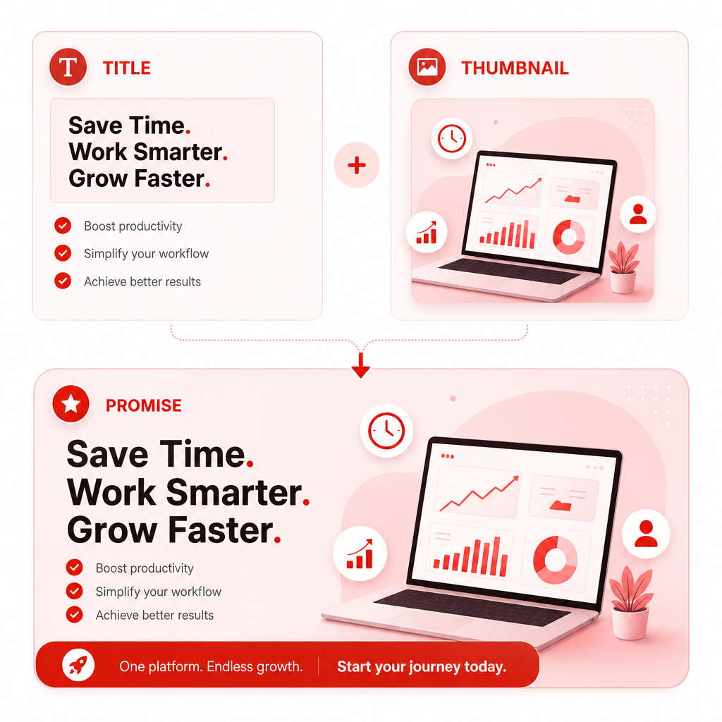 An illustration showing how title and thumbnail create a packaging promise that matches the audience.