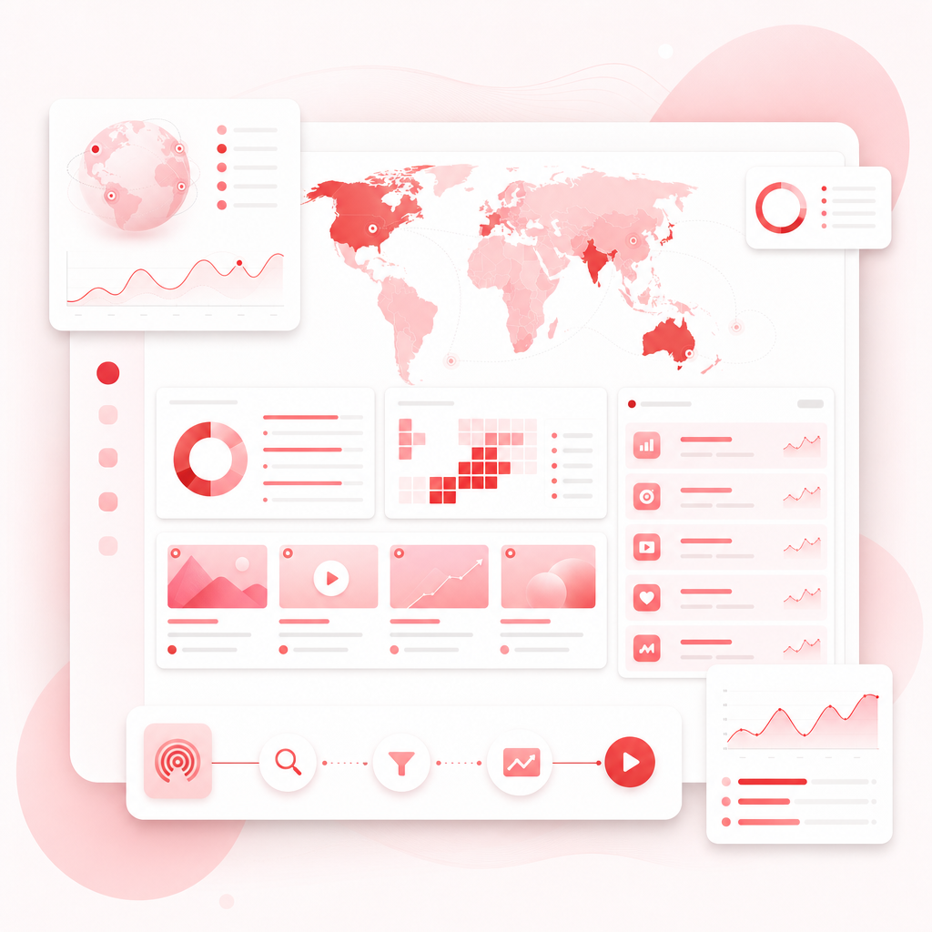 SaaS dashboard illustration showing global trends, content gaps, and keyword idea generation.
