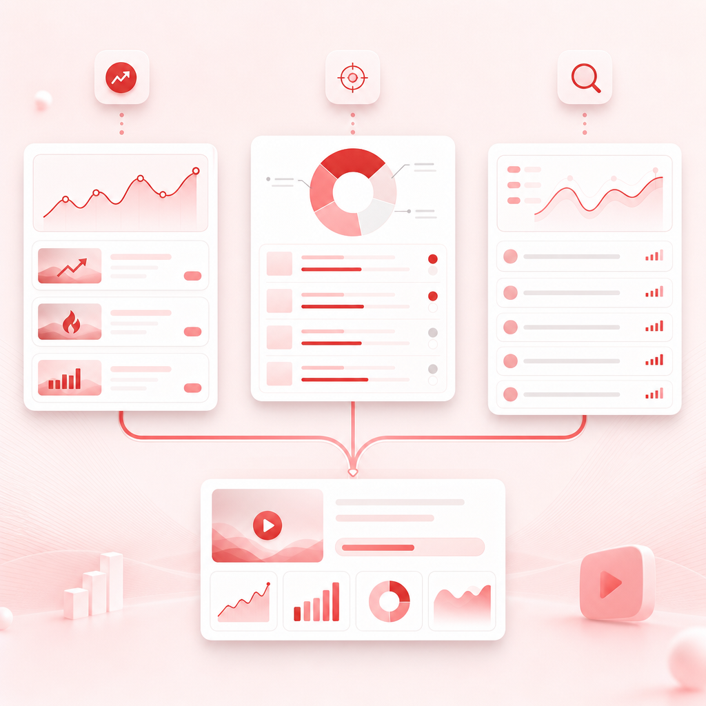Workflow dashboard illustration for trend, gap, and keyword research method.