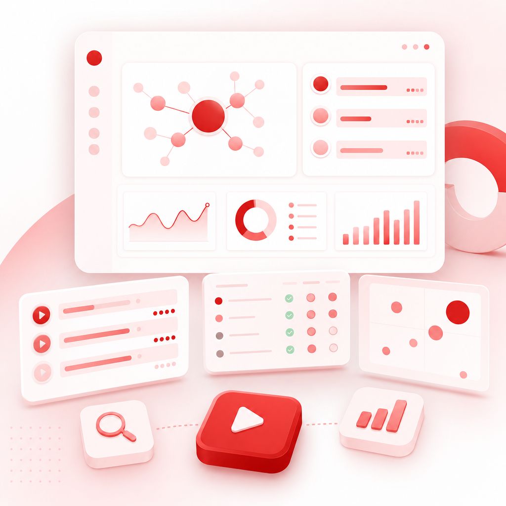 Dashboard illustration showing YouTube topic clusters, search intent, and content gap signals.